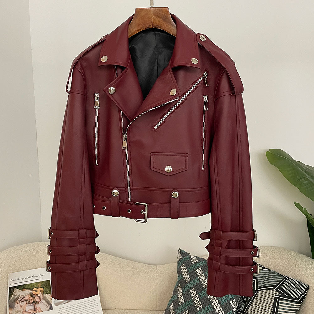 OFTBUY New Women's Genuine Leather Cropped Moto Jacket Crocodile Embossed Real Leather Biker Coat with Belt Punk Rock Outerwear