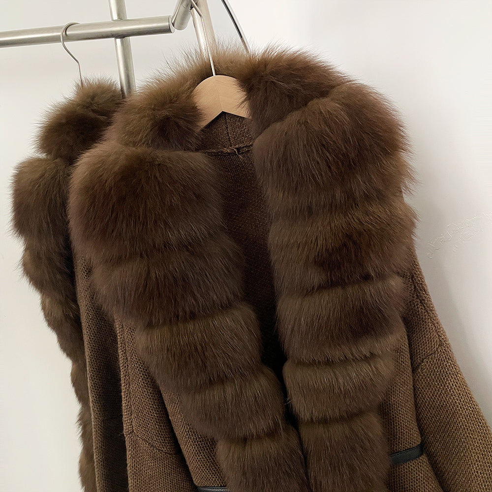 OFTBUY Metal Belt Knit Warm Winter Luxury Fashion Outerwear Sweater Cardigan New Women's Knit Coat with Full Real Fox Fur Front