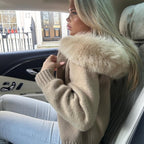 OFTBUY Luxury Knitted Zip-Up Hoodie with Oversized Real Fox Fur Hood - Premium Apres-Ski Luxe Loungewear