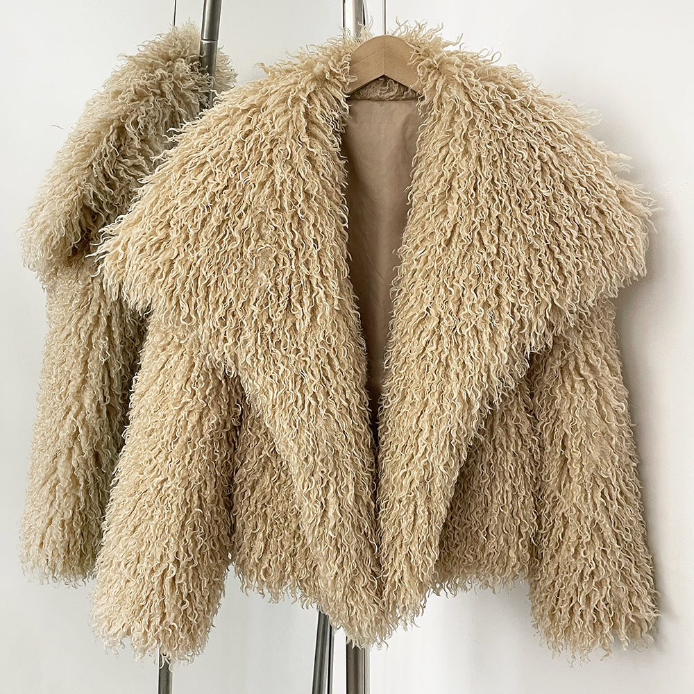 OFTBUY New Autumn Winter Clothes Women Fashion Big Collar Artificial Mongolia Sheep Fur Jacket Luxury Faux Fur Coat Fake Fur Overcoat