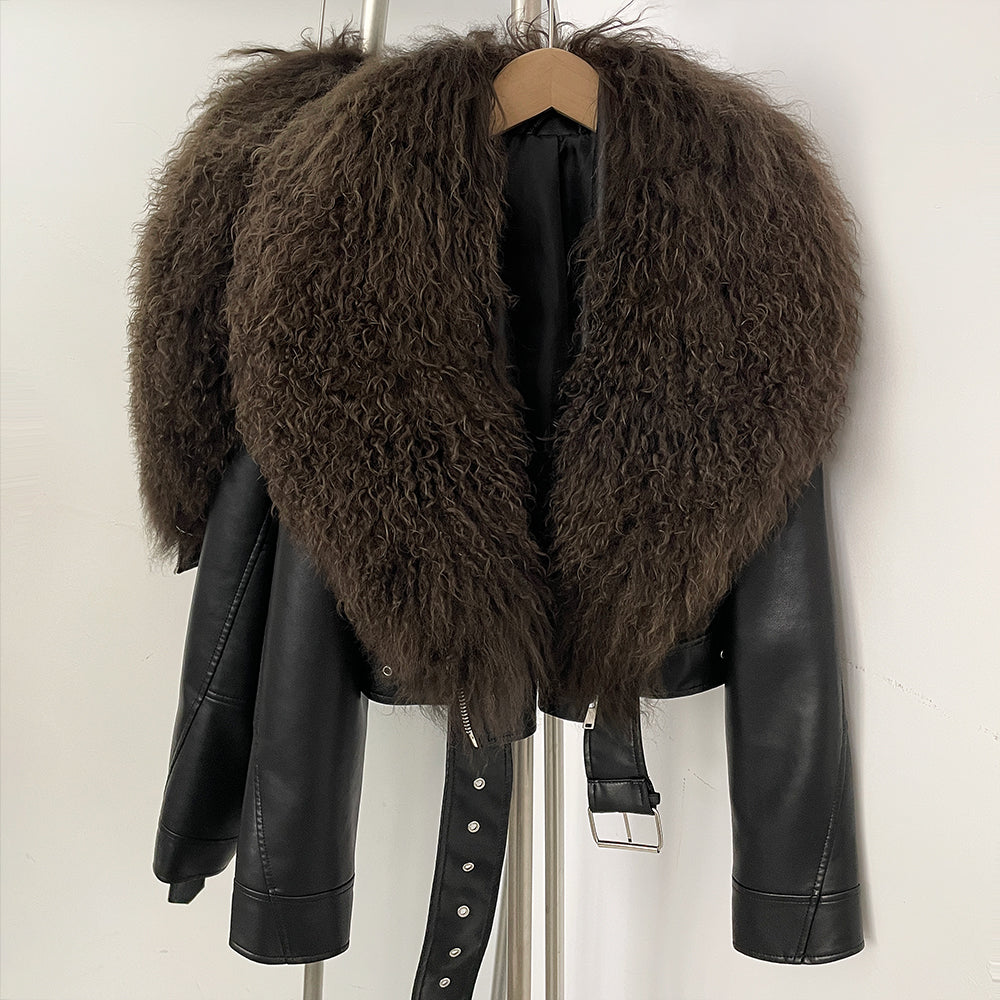 OFTBUY New Autumn Winter Clothes Women Fashion Warm Short Faux Leather Jacket Female Luxury Real Mongolia Sheep Fur Collar Coat