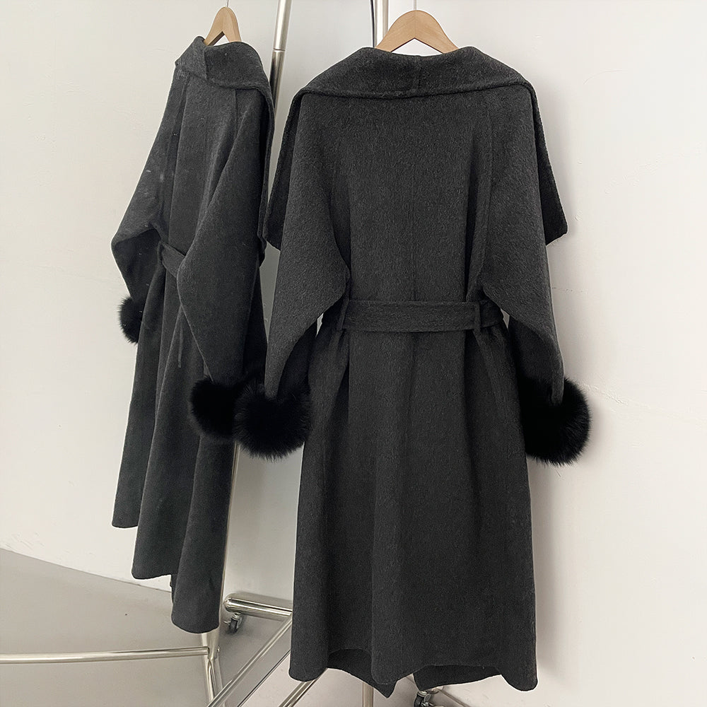 OFTBUY Belt Real Fox Fur Cuffs Elegant Warm Winter Outerwear lady New Women's Long Double-Faced Wool Coat Oversized Lapel Collar