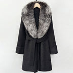 OFTBUY Natural Real Fox Fur Wool Blends Coat Women New Belt Pocket Winter Jacket Female Loose Woolen Outerwear Streetwear