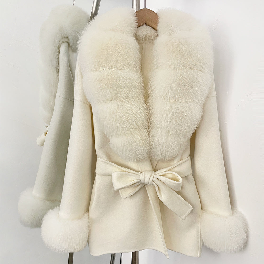 OFTBUY New Women's Double-Faced Wool Coat with Large Real Fox Fur Belted Warm Jacket Winter Elegant Fashion Outerwear Female