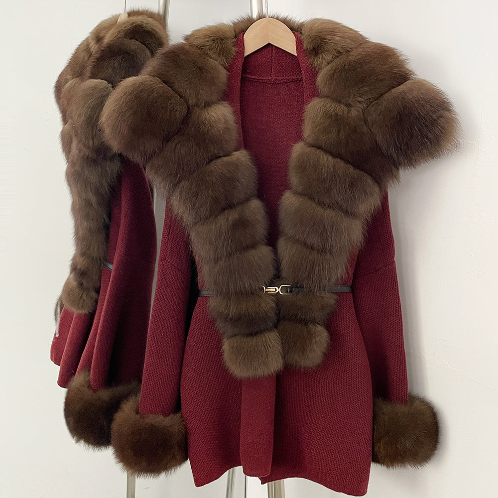 OFTBUY Belt Loose Fit Warm Winter Fashion Outerwear Natural Fur Sweater Female New Women's Knit Coat with Large Real Fox Fur