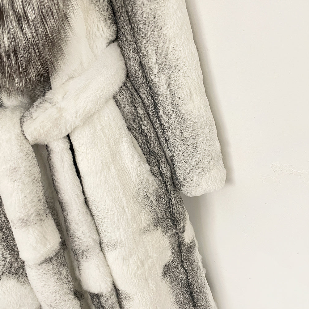 Texture shot of matching rabbit fur self-tie belt for waist cinching