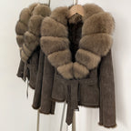 OFTBUY Belt Suede Jacket Women New Autumn Winter Real Fox Fur Collar Clothes Female Thick Warm Natural Rabbit Fur Lining Coat