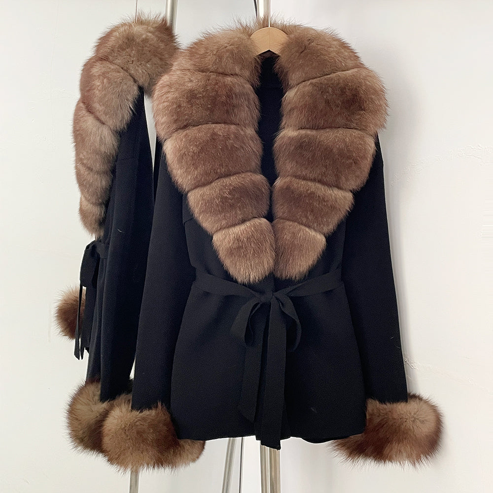 OFTBUY New Women's Knit Cardigan with Real Fox Fur Collar and Cuff Belt Luxury Coat Warm Autumn Fashion Outerwear Sweater Female
