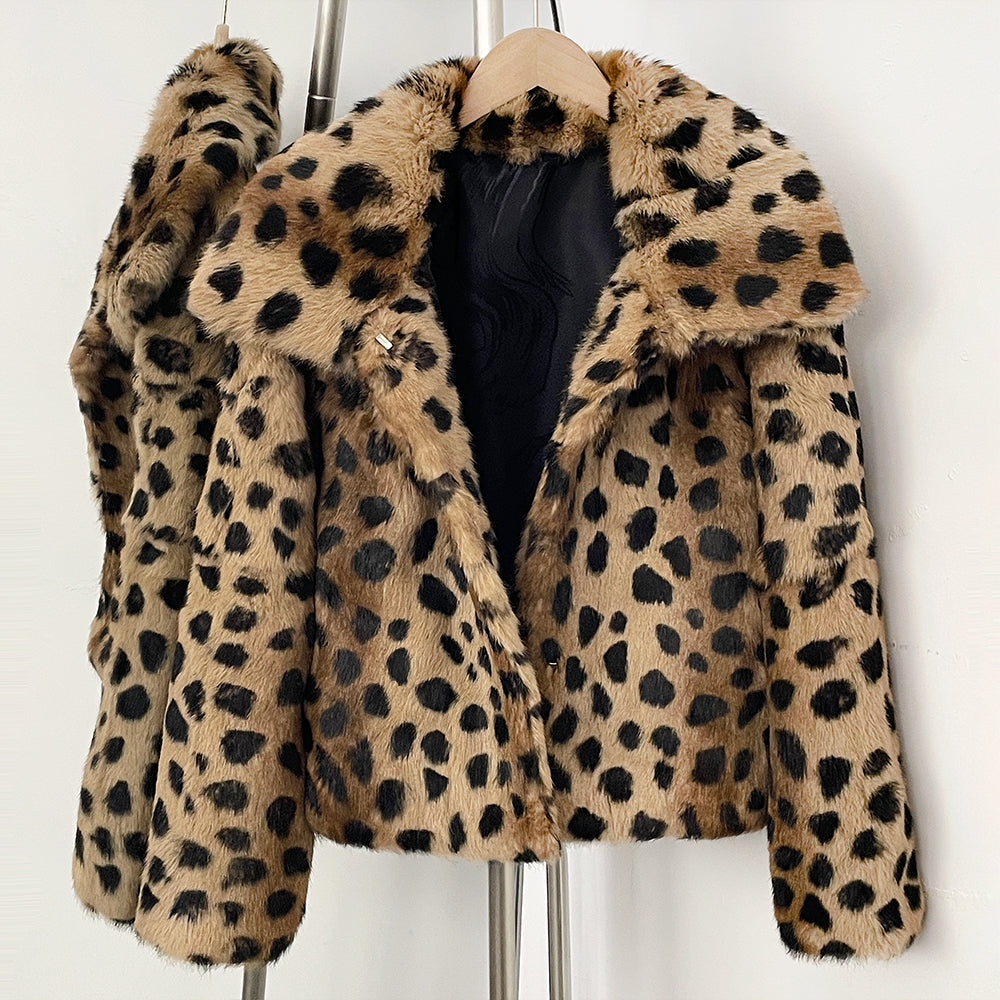 OFTBUY Luxury Leopard Print Real Rabbit Fur Cropped Jacket - Wide Notched Lapel Genuine Rabbit Fur Short Winter Coat