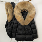 OFTBUY New Women's Duck Down Jacket with Large Real Fox Fur Hood Belted Waist Warm Winter Puffer Coat Lady Luxury Outerwear