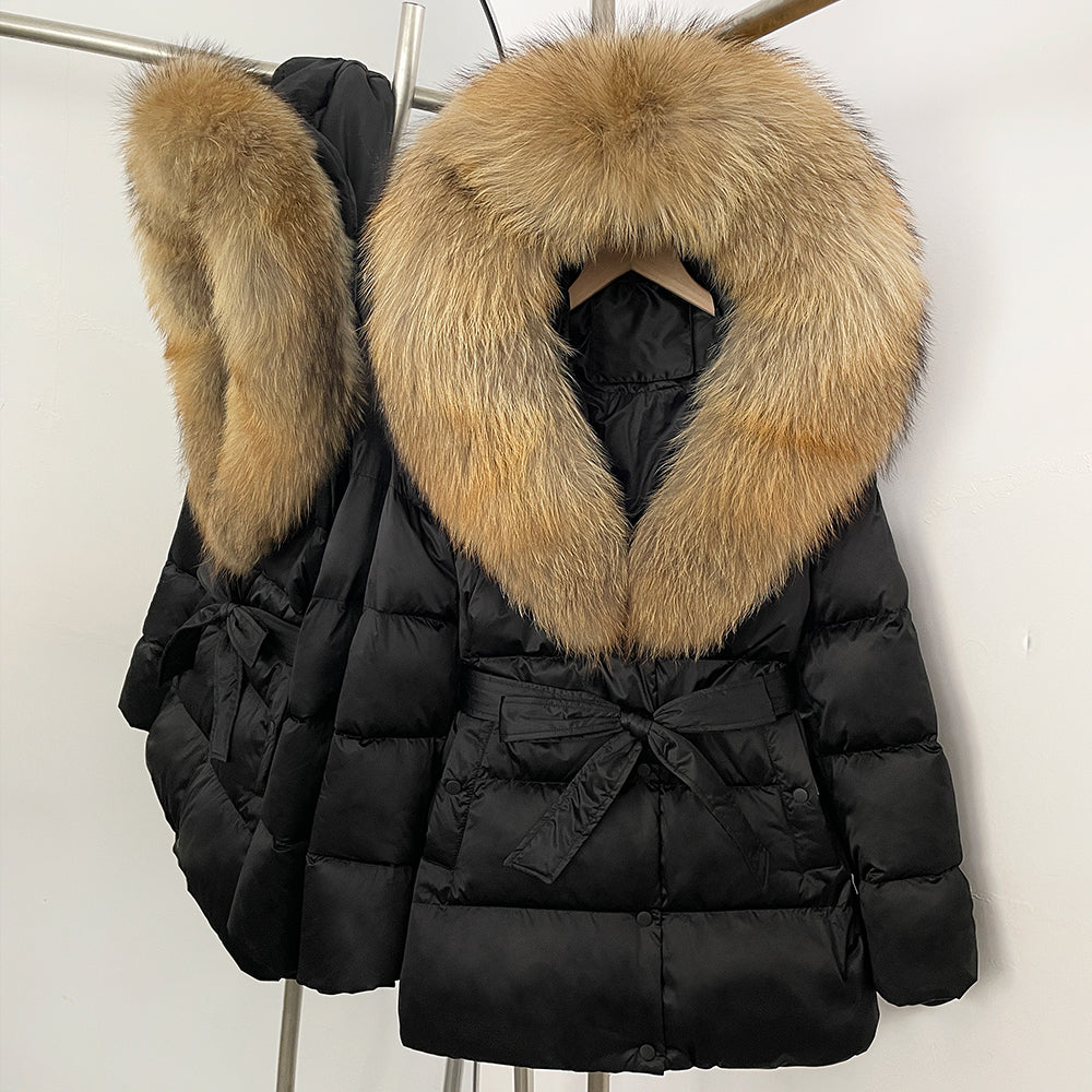 OFTBUY New Women's Duck Down Jacket with Large Real Fox Fur Hood Belted Waist Warm Winter Puffer Coat Lady Luxury Outerwear