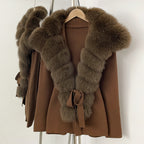 OFTBUY New Women's Knit Cardigan with Oversized Real Fox Fur Collar Belt Luxury Warm Winter Outerwear Sweater Jacket Female