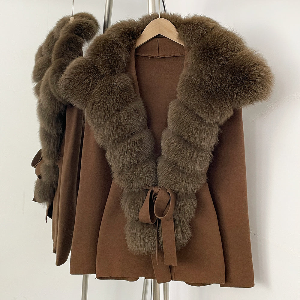 OFTBUY New Women's Knit Cardigan with Oversized Real Fox Fur Collar Belt Luxury Warm Winter Outerwear Sweater Jacket Female