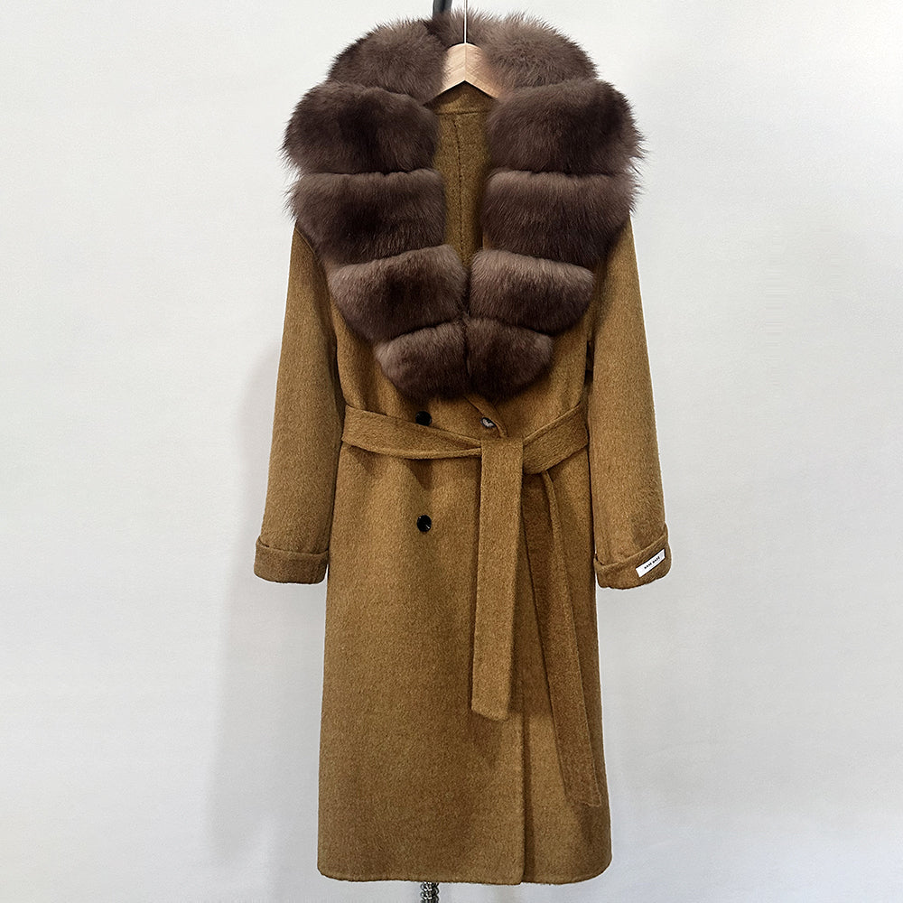 OFTBUY Winter Jacket Women Woolen Blends Coat Natural Real Fox Fur Collar Belt Loose Outerwear Casual Outerwear Streetwear