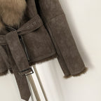 OFTBUY Belt Suede Jacket Women New Autumn Winter Real Fox Fur Collar Clothes Female Thick Warm Natural Rabbit Fur Lining Coat