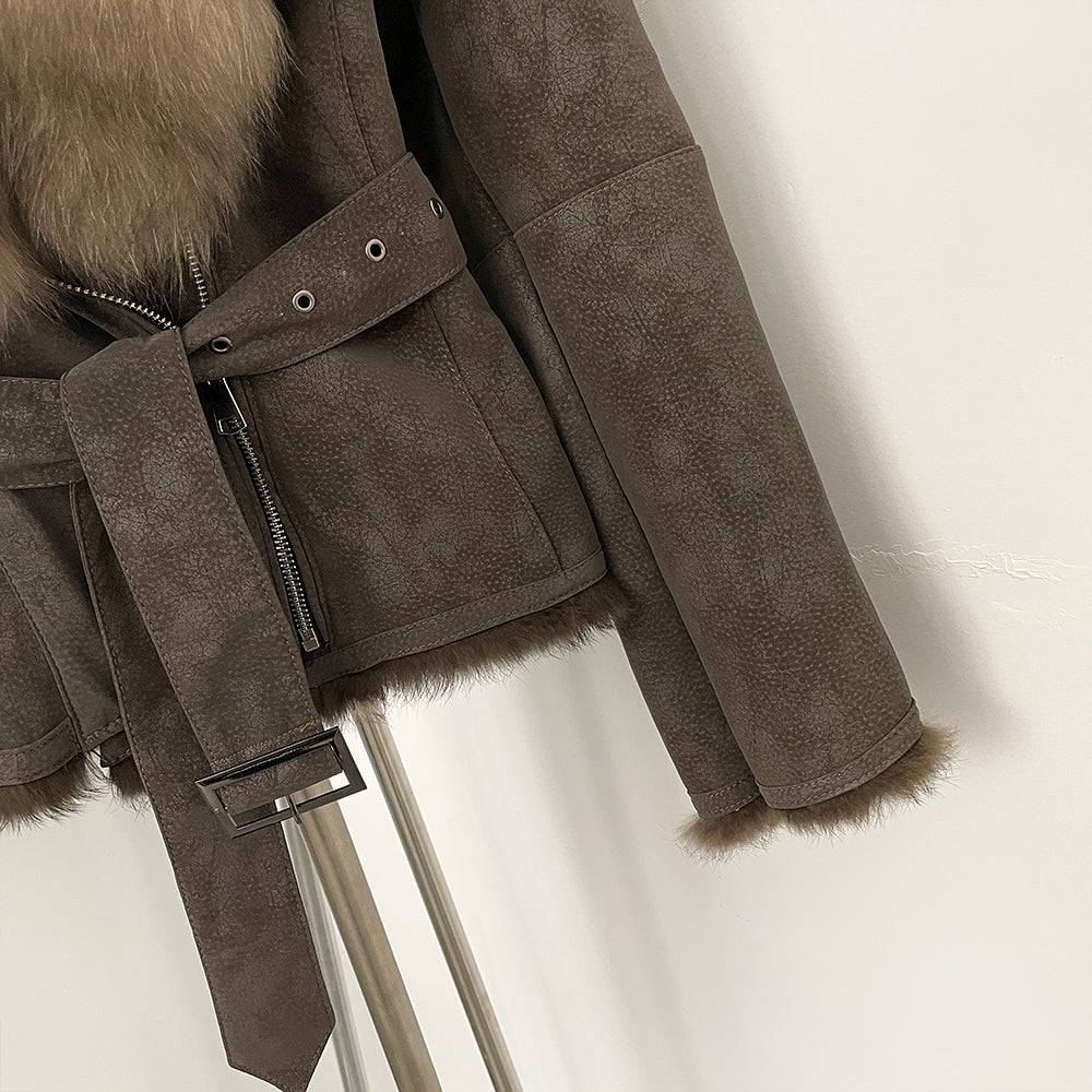 OFTBUY Belt Suede Jacket Women New Autumn Winter Real Fox Fur Collar Clothes Female Thick Warm Natural Rabbit Fur Lining Coat
