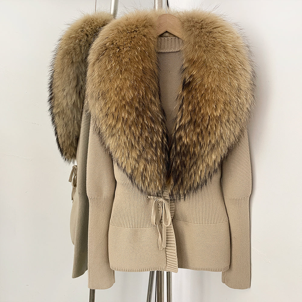 OFTBUY Luxury 100% Cotton Jacket with Real Fox Fur Collar New Autumn Winter Knit Cardigan Women Slim Warm Sweater Outerwear Lady