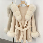 OFTBUY Real Fox Fur Wool Coat Hooded Natural Fur Collar and Cuffs New Autumn Winter Clothes Women Cashmere Woolen Jacket Lady