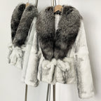 OFTBUY Fashion Thick Warm Real Rabbit Fur Coat Lady New Autumn Winter Top Clothes Women Long Sleeve Fox Fur Collar Fluffy Jacket