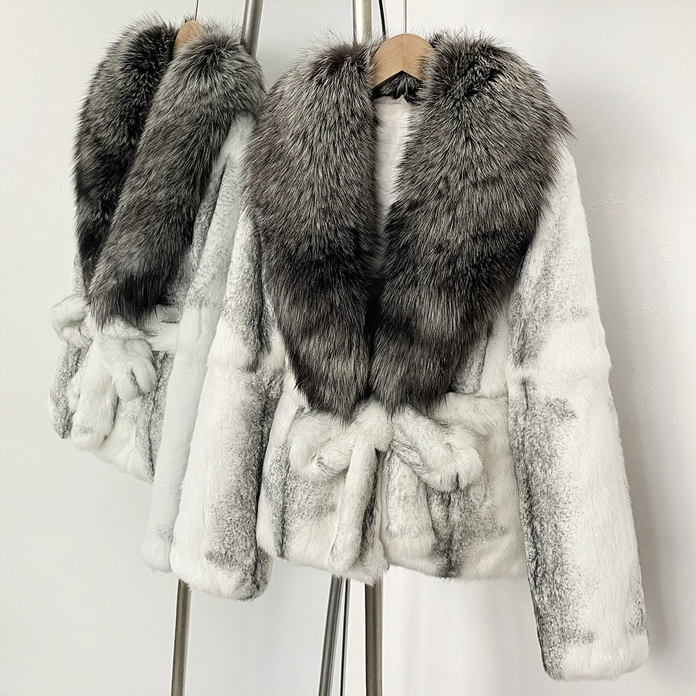 OFTBUY Fashion Thick Warm Real Rabbit Fur Coat Lady New Autumn Winter Top Clothes Women Long Sleeve Fox Fur Collar Fluffy Jacket