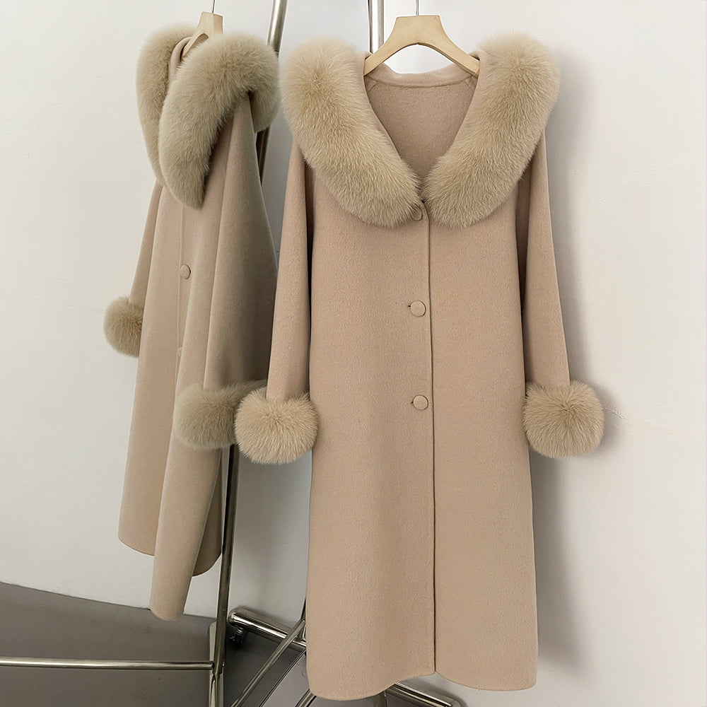 OFTBUY Pompoms Buttons Warm Winter Elegant Outerwear Female New Women's Double Face Wool Coat with Large Real Fox Fur Collar