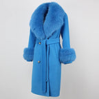 OFTBUY Winter Jacket Women Long Natural Wool Blends Cashmere Real Fur Coat Double Breasted Belt Warm Streetwear New Fashion
