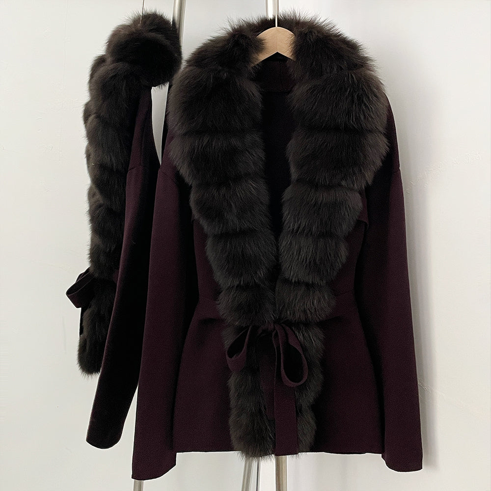 OFTBUY Luxury Warm Winter Fashion Outerwear New Women's Knit Cardigan with Oversized Real Fox Fur Trim Self-Tie Belt Sweater