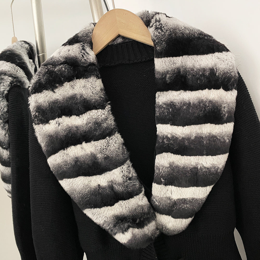 OFTBUY Drawstring Waist Slim Fit Jacket Warm Winter Outerwear New Women's 100% Cotton Knit Cardigan with Striped Rex Rabbit Fur
