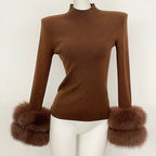 OFTBUY Luxury Mock Neck Ribbed Knit Top with Oversized 100% Real Fox Fur Cuffs