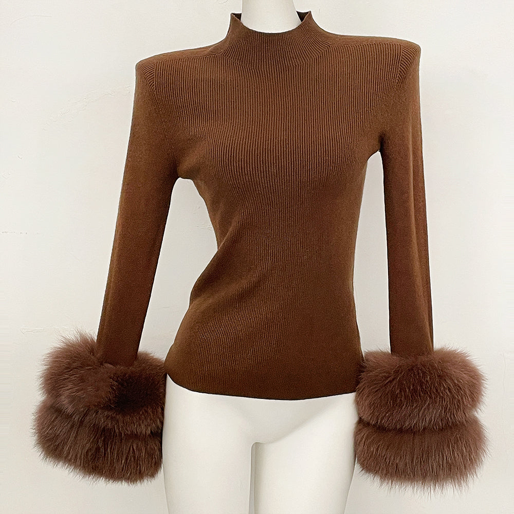 OFTBUY Luxury Mock Neck Ribbed Knit Top with Oversized 100% Real Fox Fur Cuffs