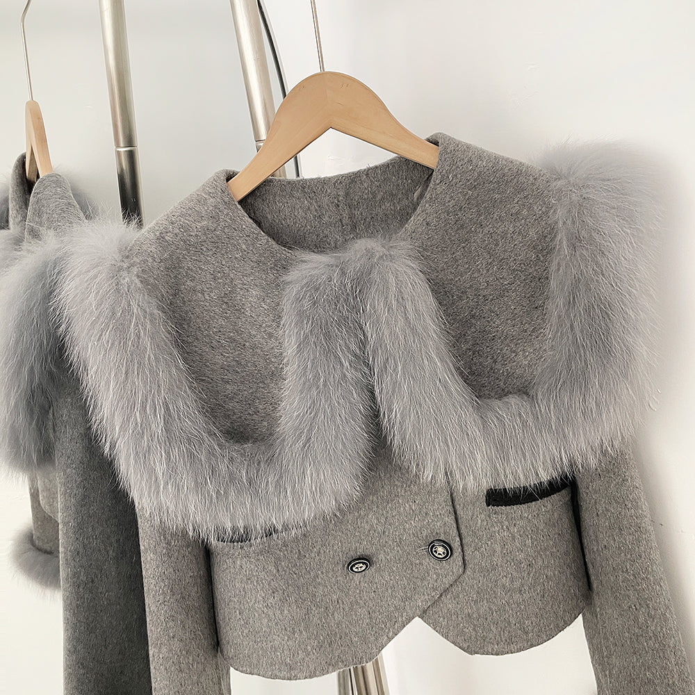OFTBUY Double Buttons Pockets Warm Winter Elegant Outerwear New Women's Wool Cropped Jacket with Large Real Fox Fur Collar Cuffs
