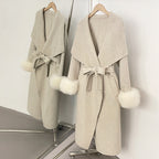 OFTBUY Belt Real Fox Fur Cuffs Elegant Warm Winter Outerwear lady New Women's Long Double-Faced Wool Coat Oversized Lapel Collar