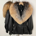OFTBUY Women's Luxury Real Fox/Raccoon Fur Faux Leather Jacket Elastic Waist New Winter Coat Elegant PU Leather Outerwear Female