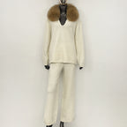 OFTBUY New Women's Knit Two Piece Set with Real Fox Fur Collar Loose Pants Warm Winter Elegant Casual Outfit Sweater Female