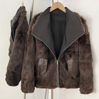 Reversible Full Real Rabbit Fur Short Bomber Jacket - Oversized Wide Rabbit Fur Lapel Windproof Outer Shell Winter Coat