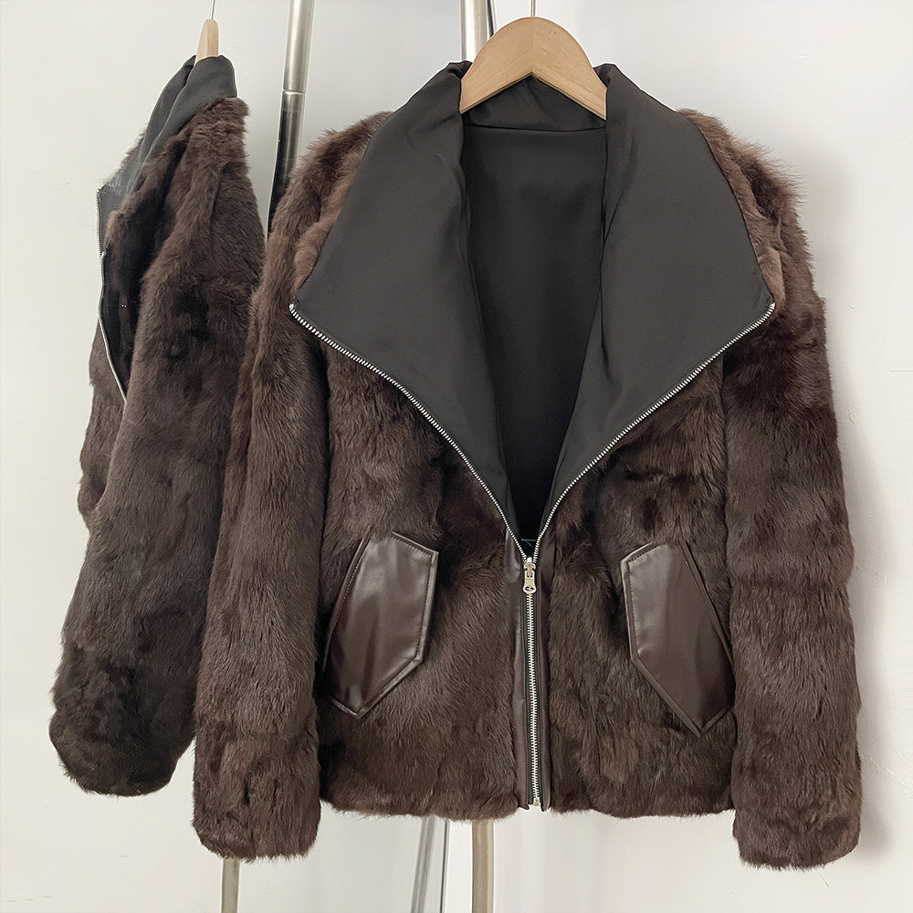 Reversible Full Real Rabbit Fur Short Bomber Jacket - Oversized Wide Rabbit Fur Lapel Windproof Outer Shell Winter Coat