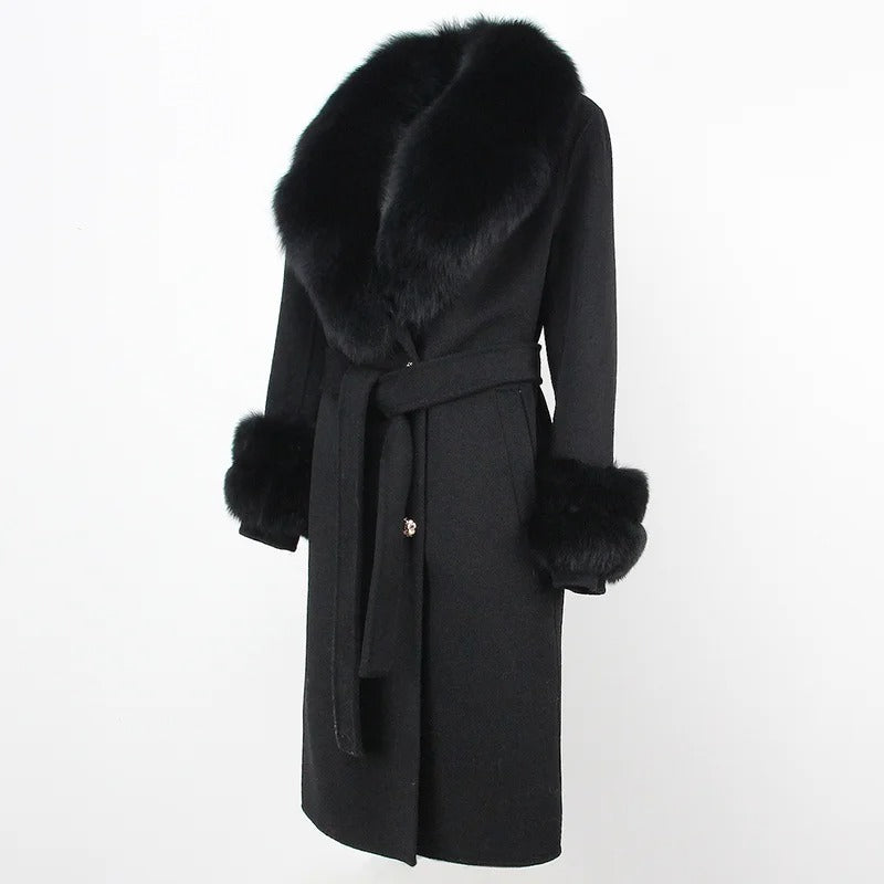 OFTBUY Winter Jacket Women Long Natural Wool Blends Cashmere Real Fur Coat Double Breasted Belt Warm Streetwear New Fashion