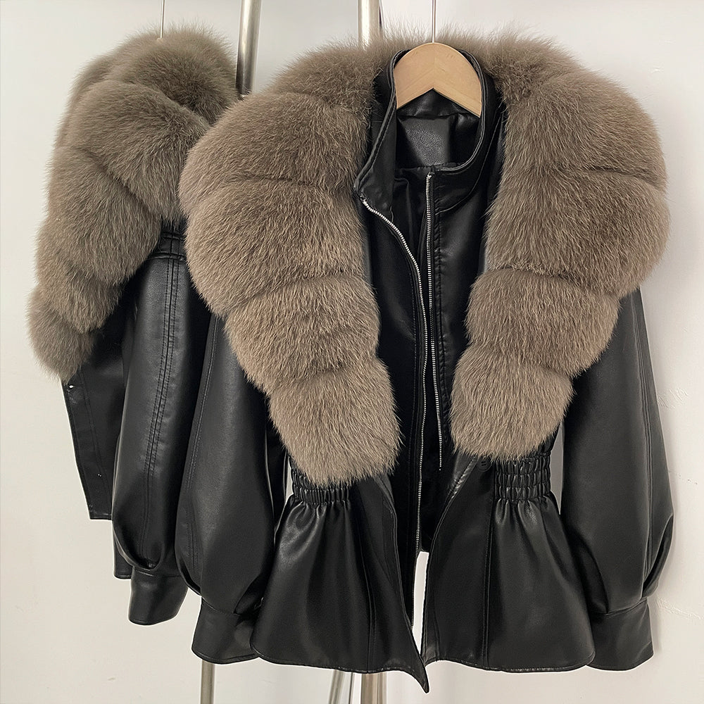 OFTBUY Women's Luxury Real Fox/Raccoon Fur Faux Leather Jacket Elastic Waist New Winter Coat Elegant PU Leather Outerwear Female