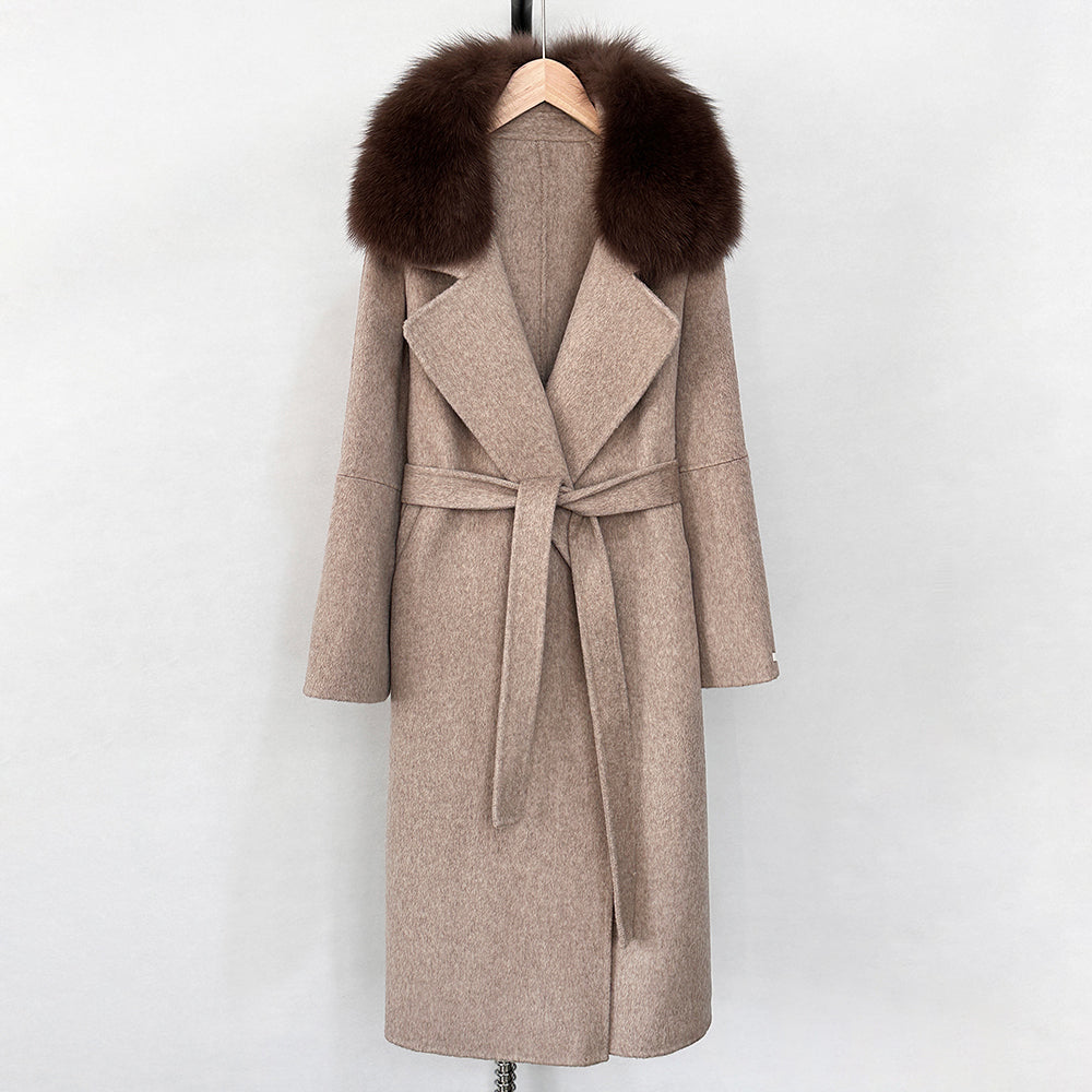 OFTBUY New Autumn Winter Long Clothing Women Fashion Warm Wool Coat with Real Fox Fur Collar Belt Elegant Woolen Jcacket Female