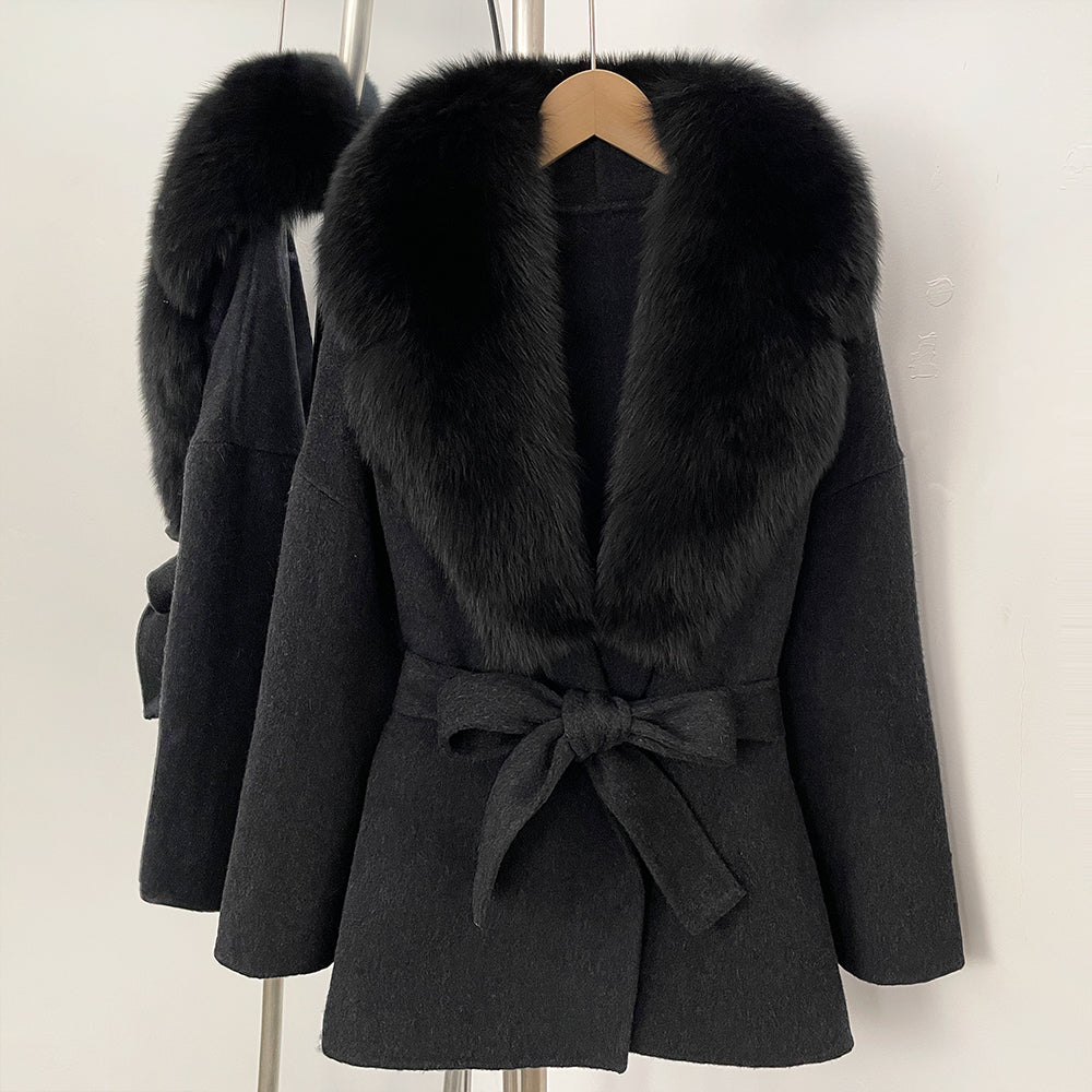 OFTBUY Belted Warm Winter Elegant Fashion Outerwear Lady New Women's Double-Faced Wool Coat with Large Real Fox Fur Collar Cuffs