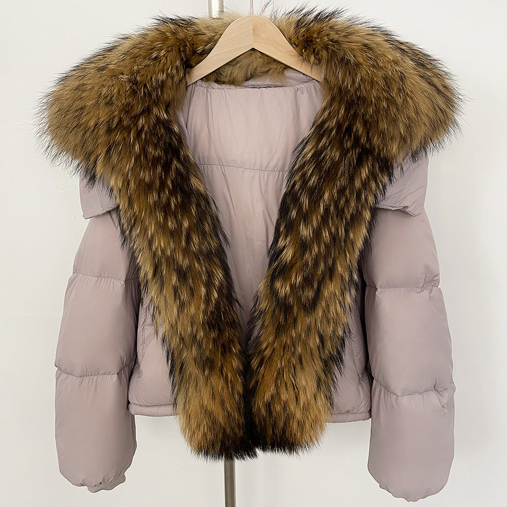 OFTBUY Ultra-Luxury 90% Duck Down Puffer Jacket with Oversized Real Fox & Raccoon Fur Collar