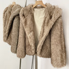 OFTBUY Luxury Hooded Faux Fur Jacket - Premium Vegan Silver Fox Style Cropped Winter Coat