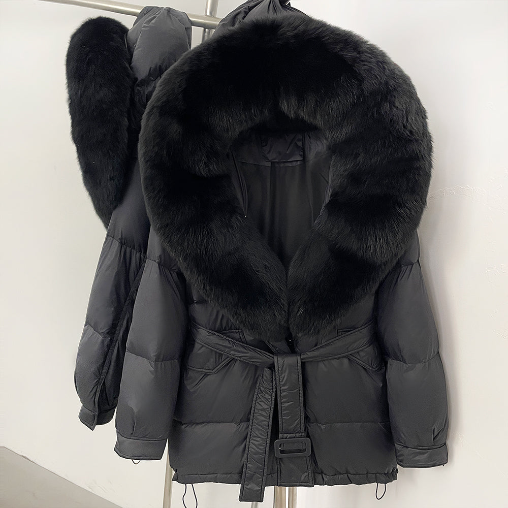 OFTBUY Thick Warm Mid-Long Puffer Coat Real Fox Fur Collar White Duck Down Coat Female Loose Warm Hooded Parkas With Belt