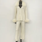 OFTBUY Loose Pants Warm Winter Elegant Casual Outfit Sweater Female New Women's Knit Two Piece Set with Real Fox Fur Collar