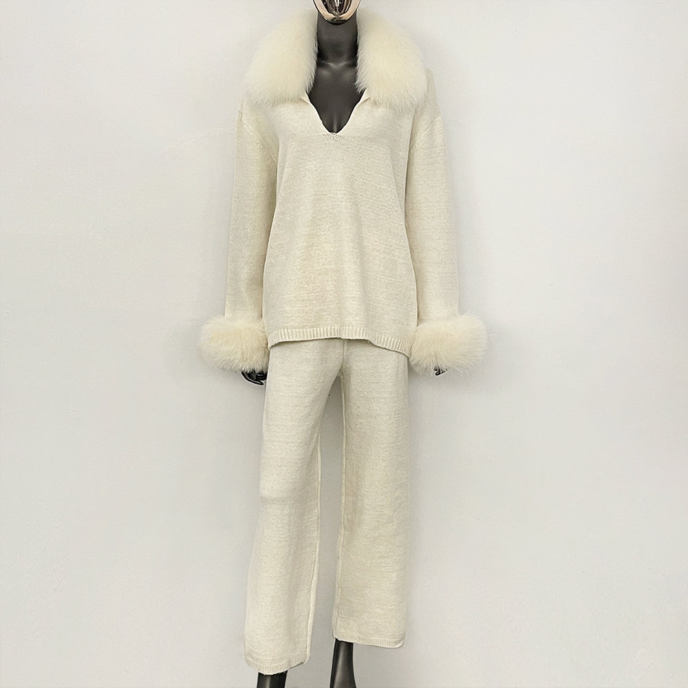 OFTBUY Loose Pants Warm Winter Elegant Casual Outfit Sweater Female New Women's Knit Two Piece Set with Real Fox Fur Collar