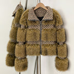 OFTBUY Luxury Wool Blend Tweed & Vegan Fur Panelled Jacket - Chic Cropped Zip-Up Coat with Funnel Neck