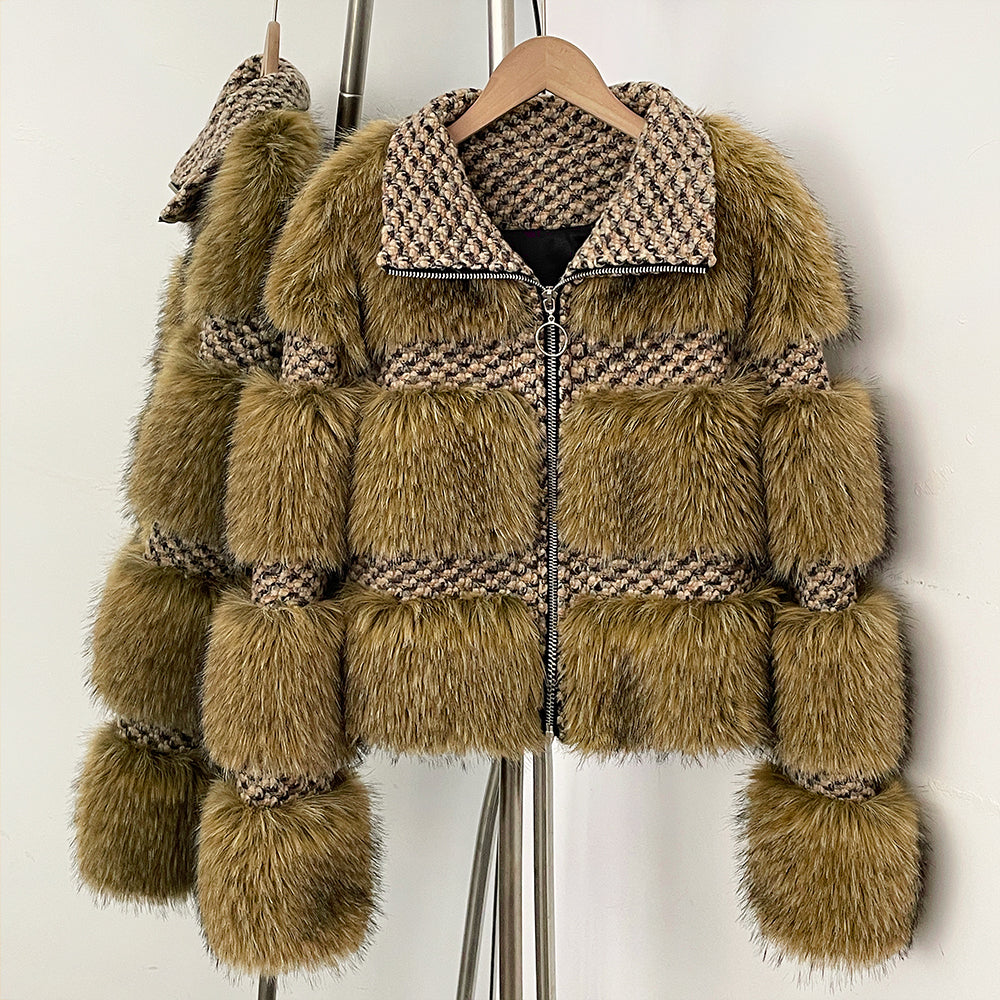 OFTBUY Luxury Wool Blend Tweed & Vegan Fur Panelled Jacket - Chic Cropped Zip-Up Coat with Funnel Neck