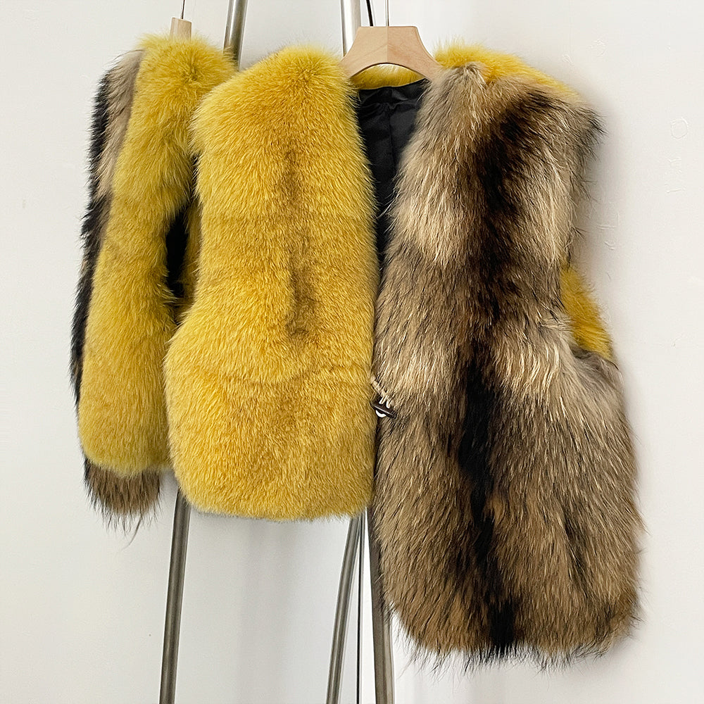 OFTBUY Spelling Sleeveless Real Raccoon Fur Waistcoat Jacket Women Fashion Thick Warm Outwaer Natural Fox Fur Vest Coat Female