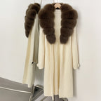 OFTBUY Warm Winter Elegant Fashion knit Outerwear female New Women's Knit Long Coat with Large Real Fox Fur Collar Belted Waist