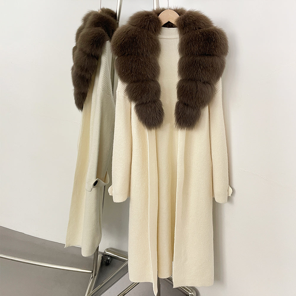 OFTBUY Warm Winter Elegant Fashion knit Outerwear female New Women's Knit Long Coat with Large Real Fox Fur Collar Belted Waist